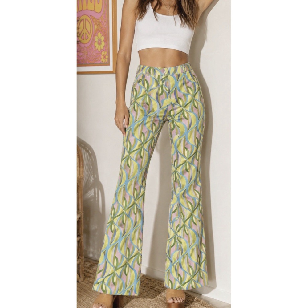 Zara Womens Linen Psycodelic Flare Pants Size S Hippie Maximalist Trippy Retro